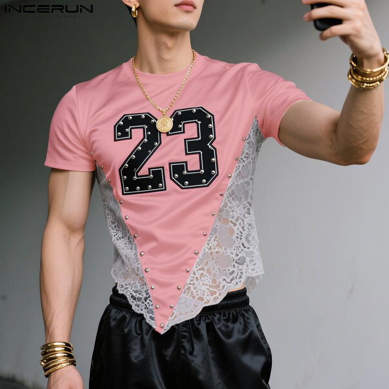 INCERUN Men O Neck Short Sleeve Letter Print Lace Patchwork Irregular Tops T-shirts