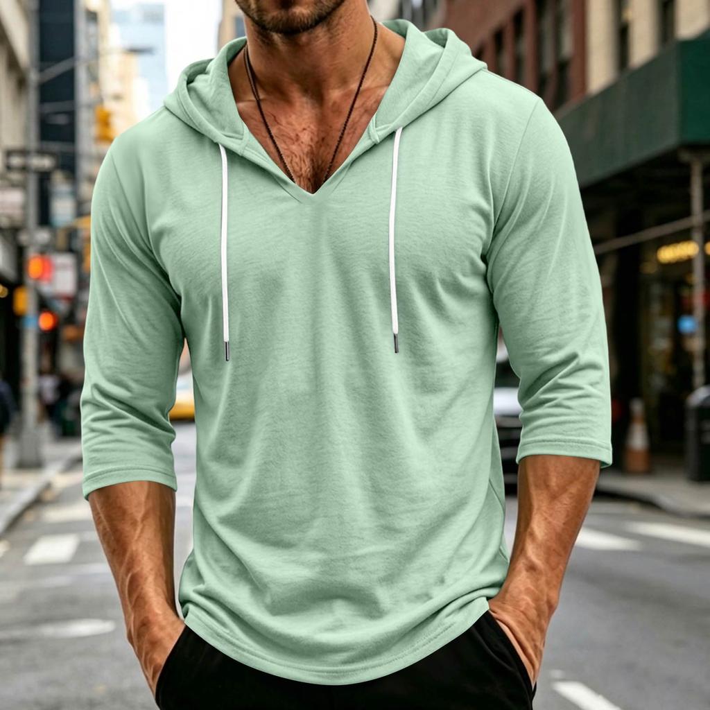 Men's Loose Fit Casual Hoodie Lightweight Pullover with Three Quarter Sleeve Drawstring Hooded Shirt for Everyday Wear