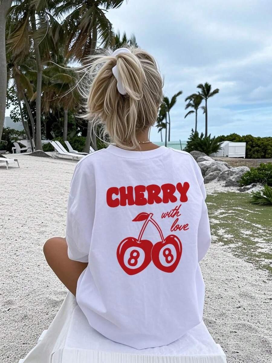 

2025 Вишня и цифра 8 Принт букв женская футболка Летняя мода Повседневный хлопковый топ с коротким рукавом Осень и зима нижнее белье 4XL