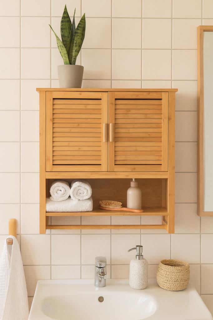 Bamboo Hanging Bathroom Cabinet With Hanger Over The Washbasin 66X62X20Cm