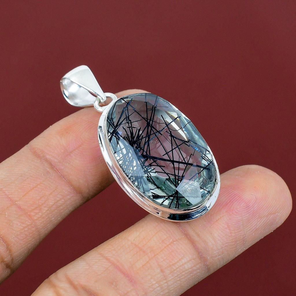 Faceted Black Rutile Pendant Gemstone Pendant 925 Sterling Silver Pendant Handmade Black Rutile Jewelry Gifts for Her Latest Design Pendant
