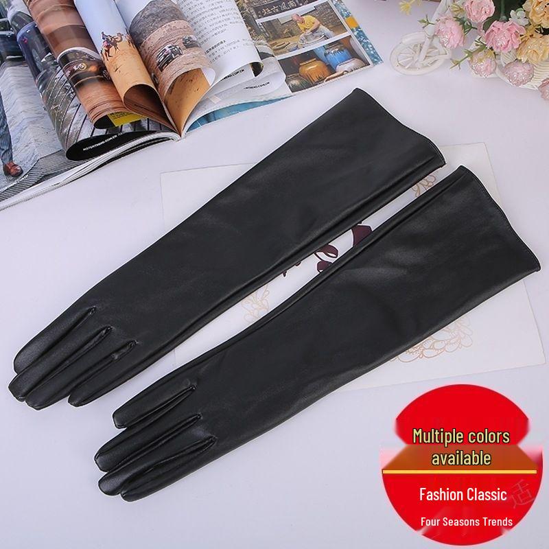 Women's Extra Long Black Touchscreen Leather Gloves - Warm Lined, Over-the-Elbow, Autumn/Winter