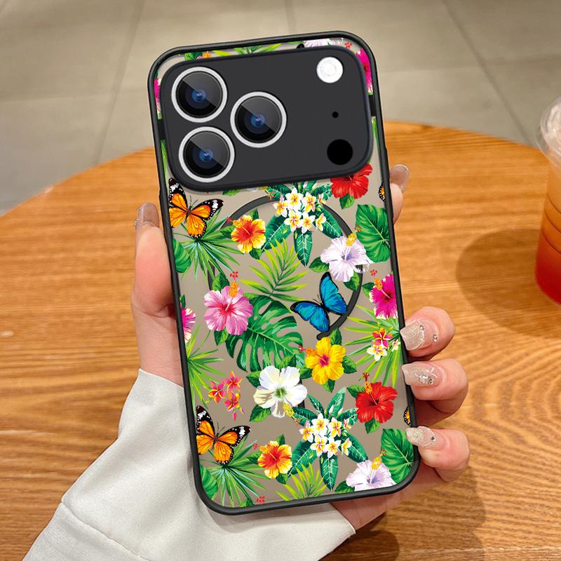 Translucent Matte Magnetic Case For iPhone 17 16 15 Pro 14 13 Pro Max 16e 17e For Magsafe Big Floral Pattern Hard PC Back Cover