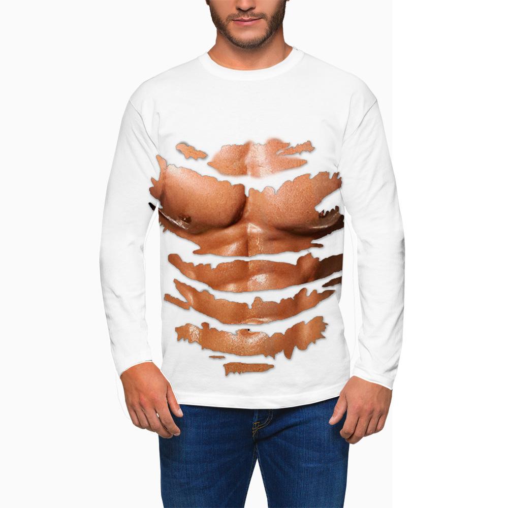 Spring and Autumn Round Neck Simulated Muscle Pattern 3D Printed Top Fashionable Casual Long Sleeved Men's T-shirts