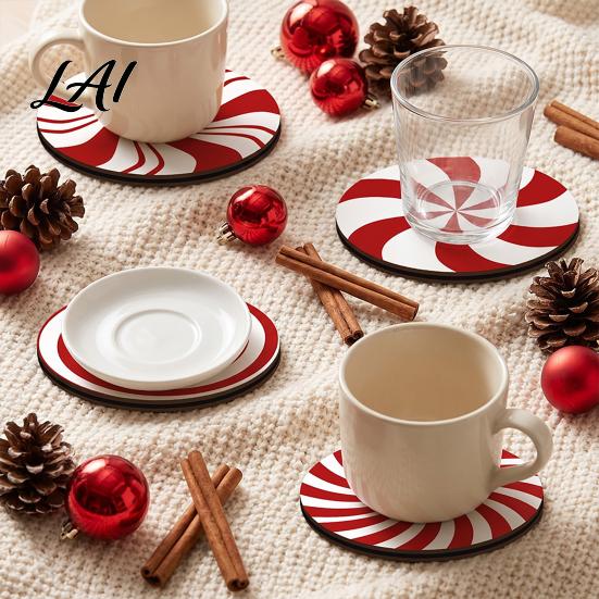Winter Home Decor Accessories 4Pcs Red White Spiral Wooden Coasters Round Peppermint Candy Drink Lightweight Stackable Wood Mat Heat‑Resistant Cup