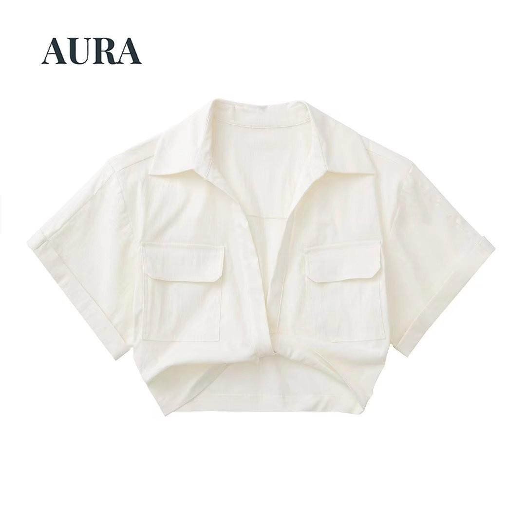 

Женские модные эластичные льняные укороченные рубашки с узлом спереди, винтажные женские блузки с короткими рукавами и накладными карманами, шикарные топы Blusa XS белый