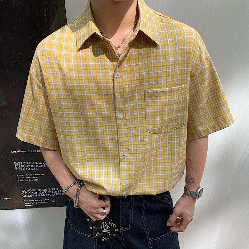 Summer Stylish Short Sleeve Shirt Men's Streetwear Vintage Button Up Turn Down Collar Shirts Trendy Men Plaid Printed