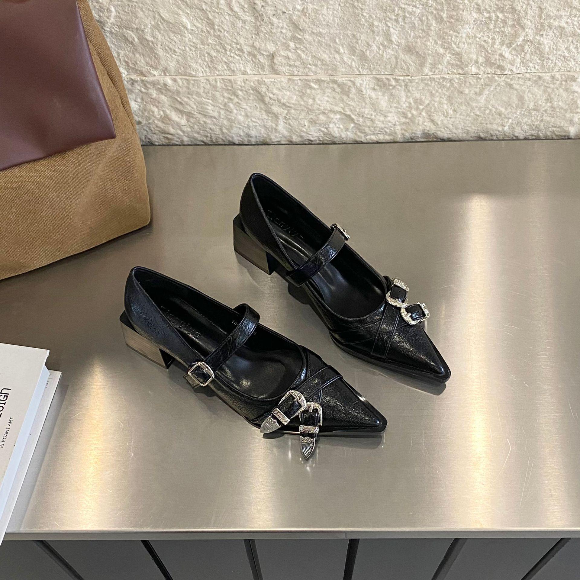 

Fashion Spring Summer Fashion Retro Pointed Head Mary Jane Shoes Shallow Mouth Womens Street Style Belt Buckle Chunky Heels Talons Femme 40 чёрный