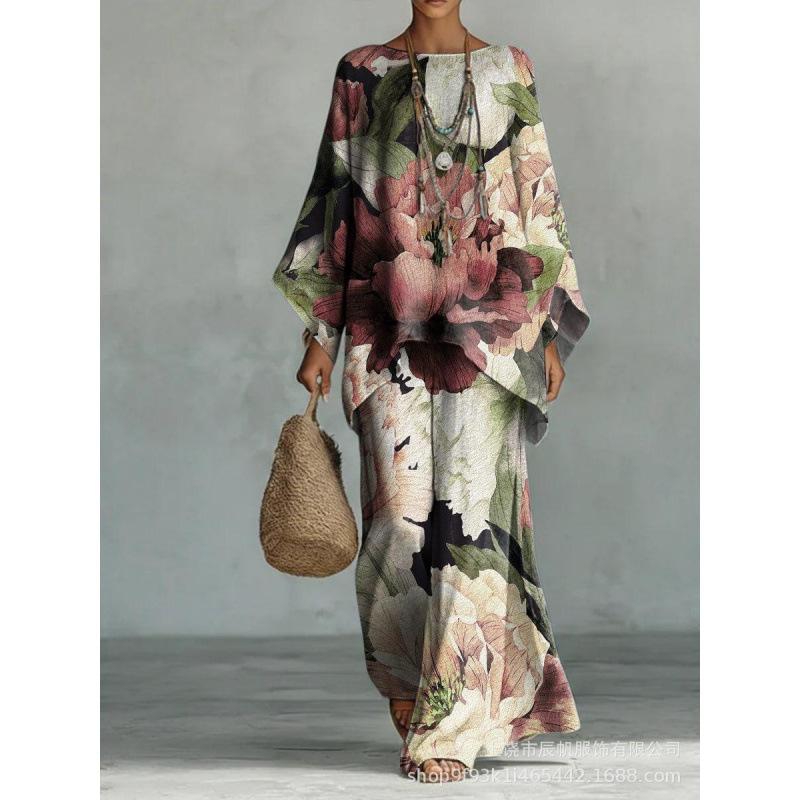 1116 European and American spring new printing temperament round neck versatile casual loose two-piece set