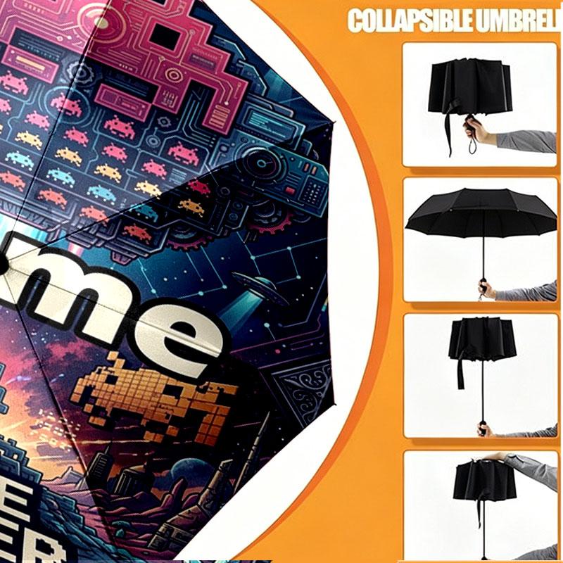 Custom Name Personalized PAC MAN Print Umbrella, Auto Open Close, 8‑Rib Sturdy Frame, Commute Camping Hiking Use, Birthday Gift