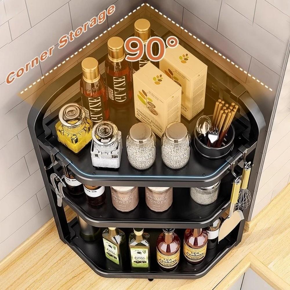Household 2/3 Layer Condiments Rack Corner Stand with Hooks Seasoning Rack Carbon Steel Storage Rack Kitchen Organizer Supplies