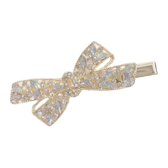 Women Hairpin Bow Shape Faux Pearl Rhinestone Faux Crystal Decor Hollow Out Exquisite Anti-slip Sparkling Luxury Hair Decoration Hair Clip