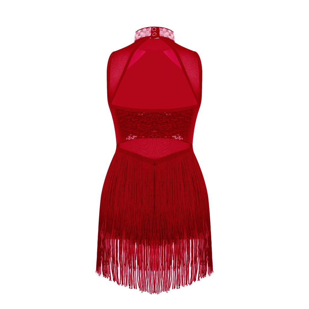 Mädchen Glänzende Strass Pailletten Jazz Dance Kleid Sheer Mesh Quaste Saum Skating Ballett Trikots Kleider Bühne Leistung Dancewear