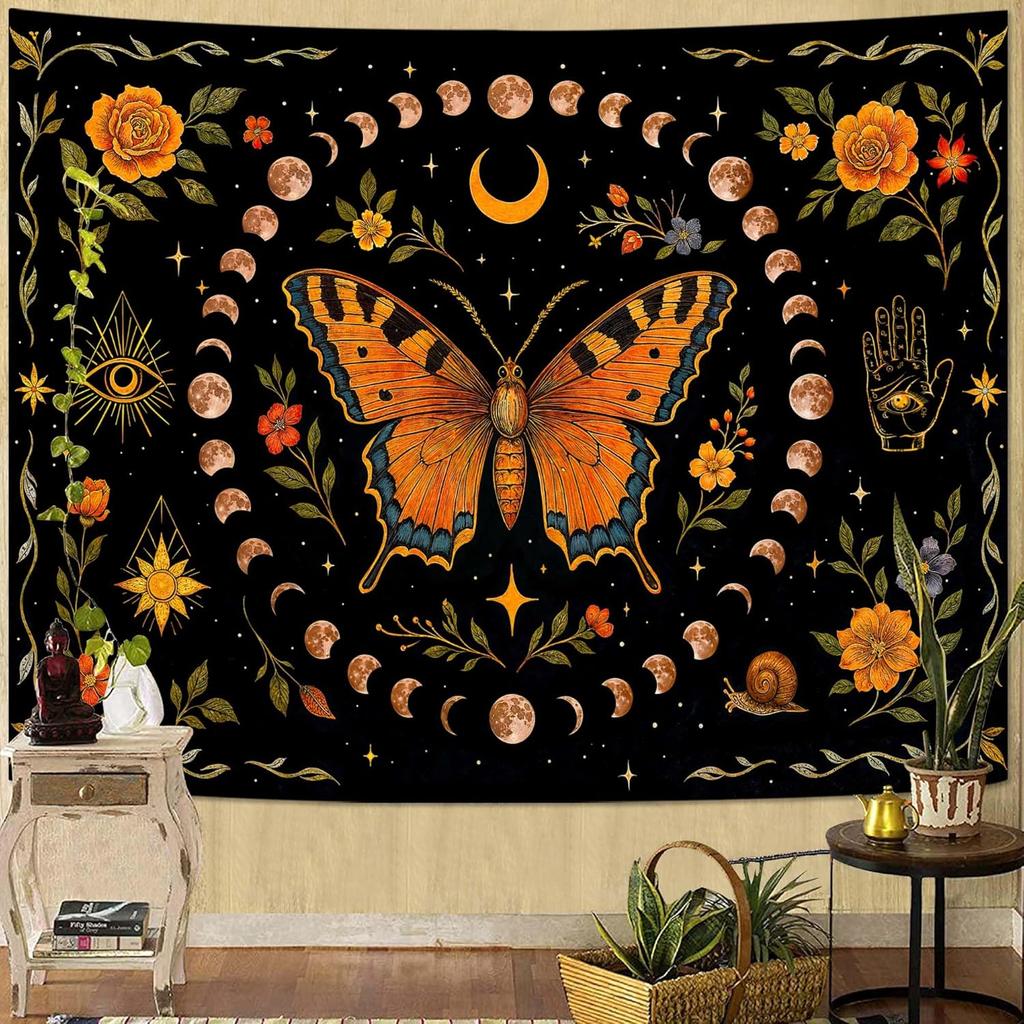 VIKAMA Yellow Butterfly Moonlight Flower Tapestry Retro Bohemian Style Living Room Dormitory Wall Hanging Home Decor