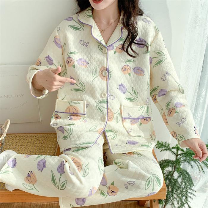 Damen Cartoon Baumwollpyjama Set - Warm und stilvoll für Herbst/Winter