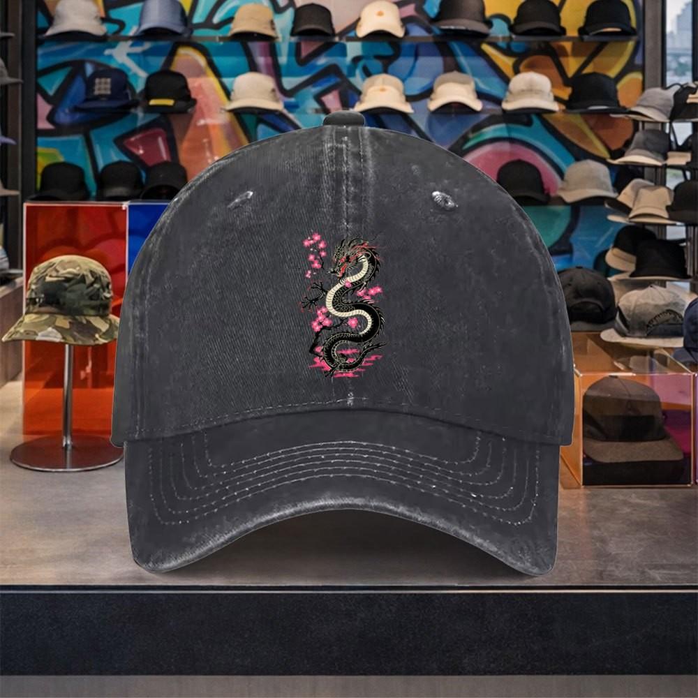 Dragon Cherry Blossom Baseball Cap Washed Denim Adjustable Casual Curved Brim Hat Unisex Street Style