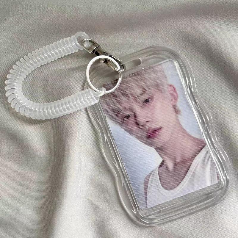 1 Set Transparent Card Holder with Spring Rope Keychain Student ID Bus Card Meal Campus Card Protective Cover