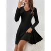 2025 Spring Autumn Knitted V-neck Long Sleeve Sweater Dress Elegant Slim Fit Women Casual Simple A-line Short Dress Fashion Solid Color Party Clothing