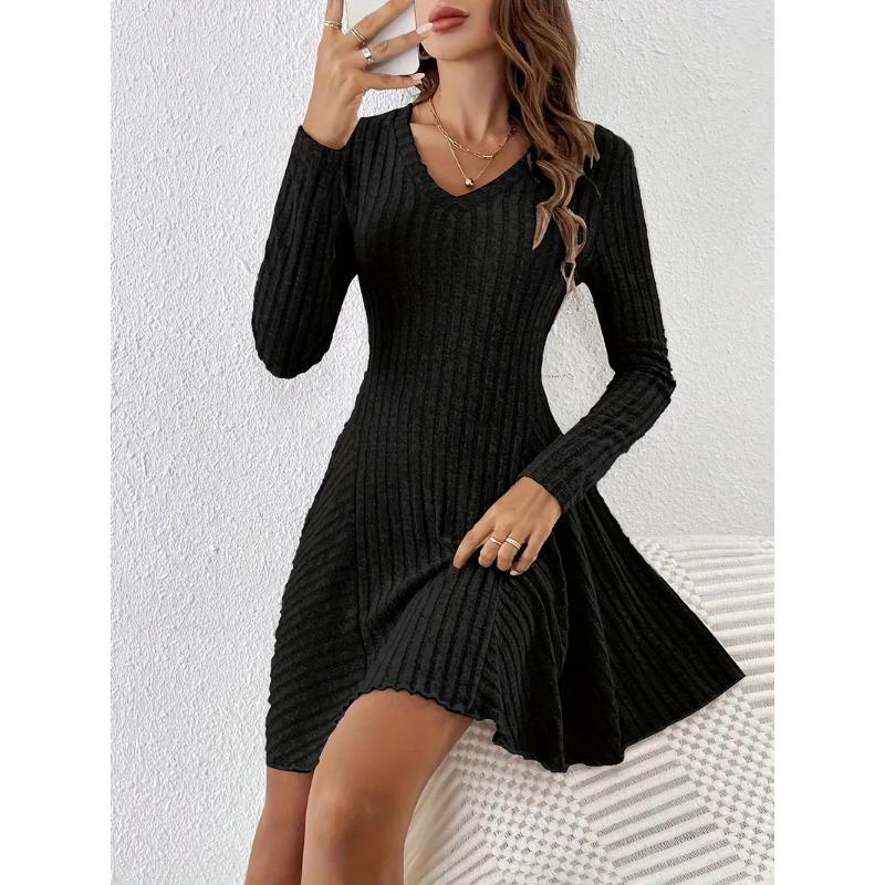 2025 Spring Autumn Knitted V-neck Long Sleeve Sweater Dress Elegant Slim Fit Women Casual Simple A-line Short Dress Fashion Solid Color Party Clothing