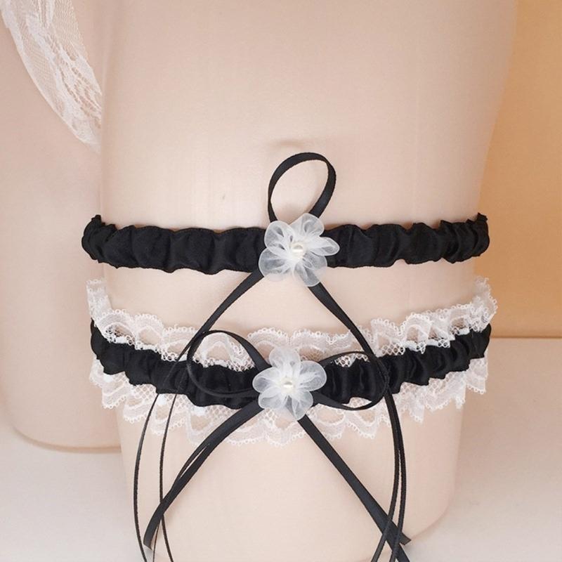 2 Stück Elegantes Spitze Braut-Strumpfband-Set mit Perlen, Blume und Schleifen für Hochzeiten, Verlobungsfeiern und Junggesellinnenabschiede