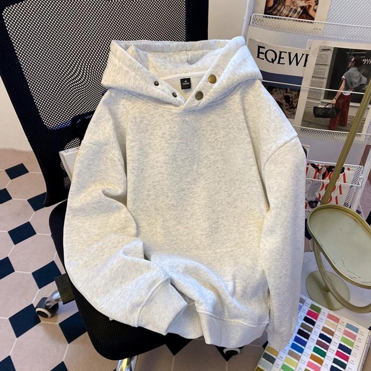 Men s White & Gray Heavyweight Cotton Button-Up Hoodie - Trendy American Style for Autumn/Winter M (for 90-110 lbs)