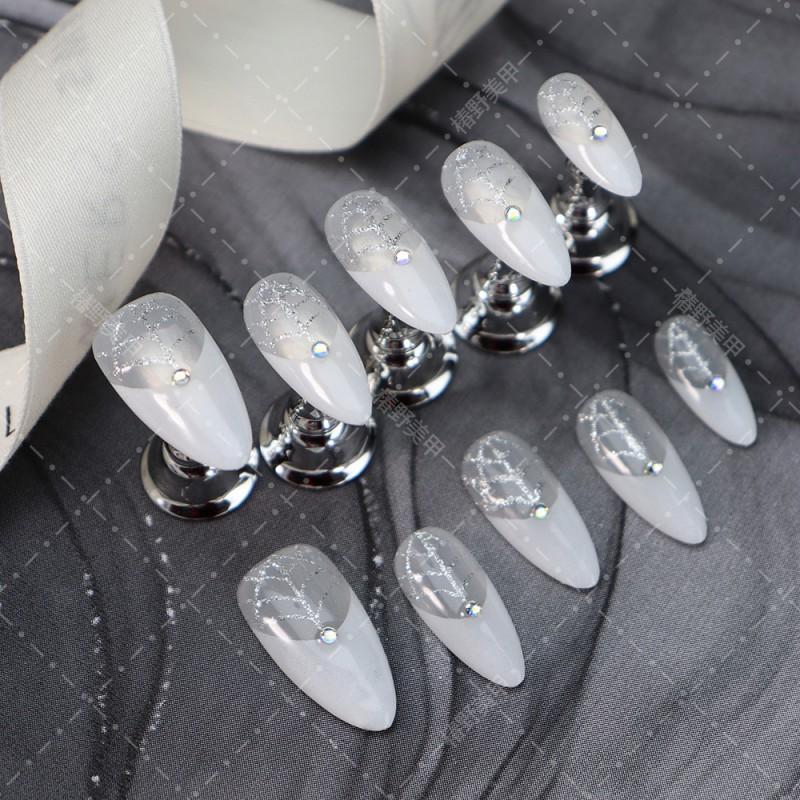 Handmade Press-On Nails White French Almond Shape With Rhinestones Line Design Women Halloween Party