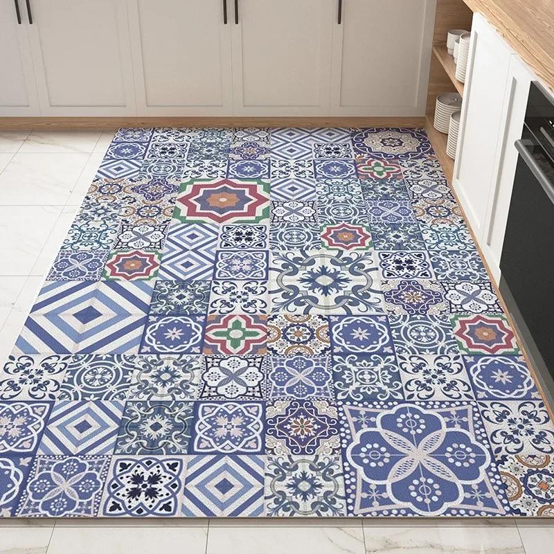 PVC Kitchen Carpet Waterproof Non-slip Floor Mat Large Oil-proof Leather Foot Mats American Retro Bohemian Home Decoration Rug