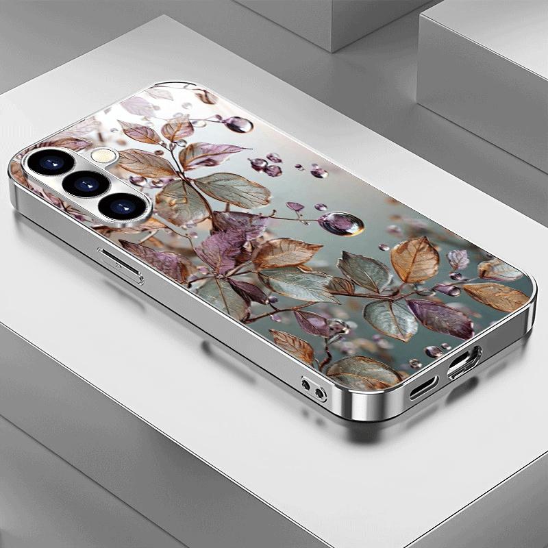 Water Droplet Leaf Pattern Glass Phone Case Suitable for Samsung Galaxy S26 S25 S24 S23 S22 S20 FE/Ultra/Plus Anti Drop