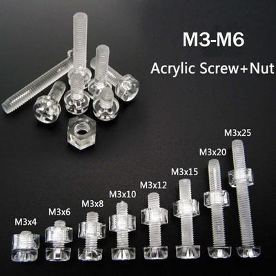 25 Sätze M3-M4-M5-M6 Acryl Klar Kunststoff Nylon Runde Kreuzschlitzschraube Bolzen + Mutter