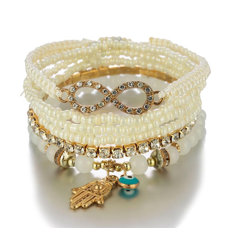 6Pcs Bohemian Hand Eye Beaded Bracelet Set For Women Crystal Geometric Charm Braided Rope Chain Bangle Female Boho Jewelry
