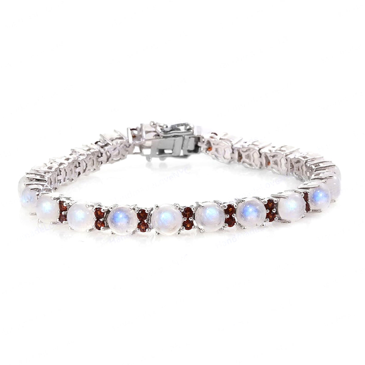 

Тенісний браслет з місячного каменю та гранату - Срібло 925 проби