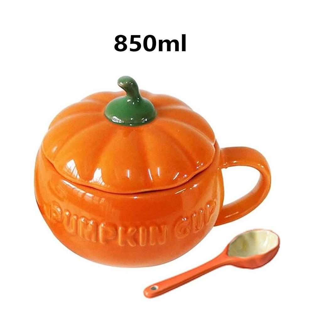 HalloweenCreative Pumpkin Coffee Cup Cute Ceramic Pumpkin Bowl with Lid and Spoon High Temperature Resistant BPA Free350ml/850ml