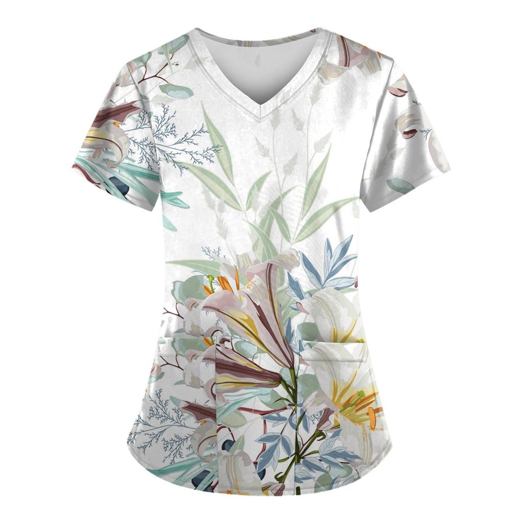 Women Fashion Spring And Summer Oil Painting Print V-neck Short Sleeve Workwear With Pockets Tops