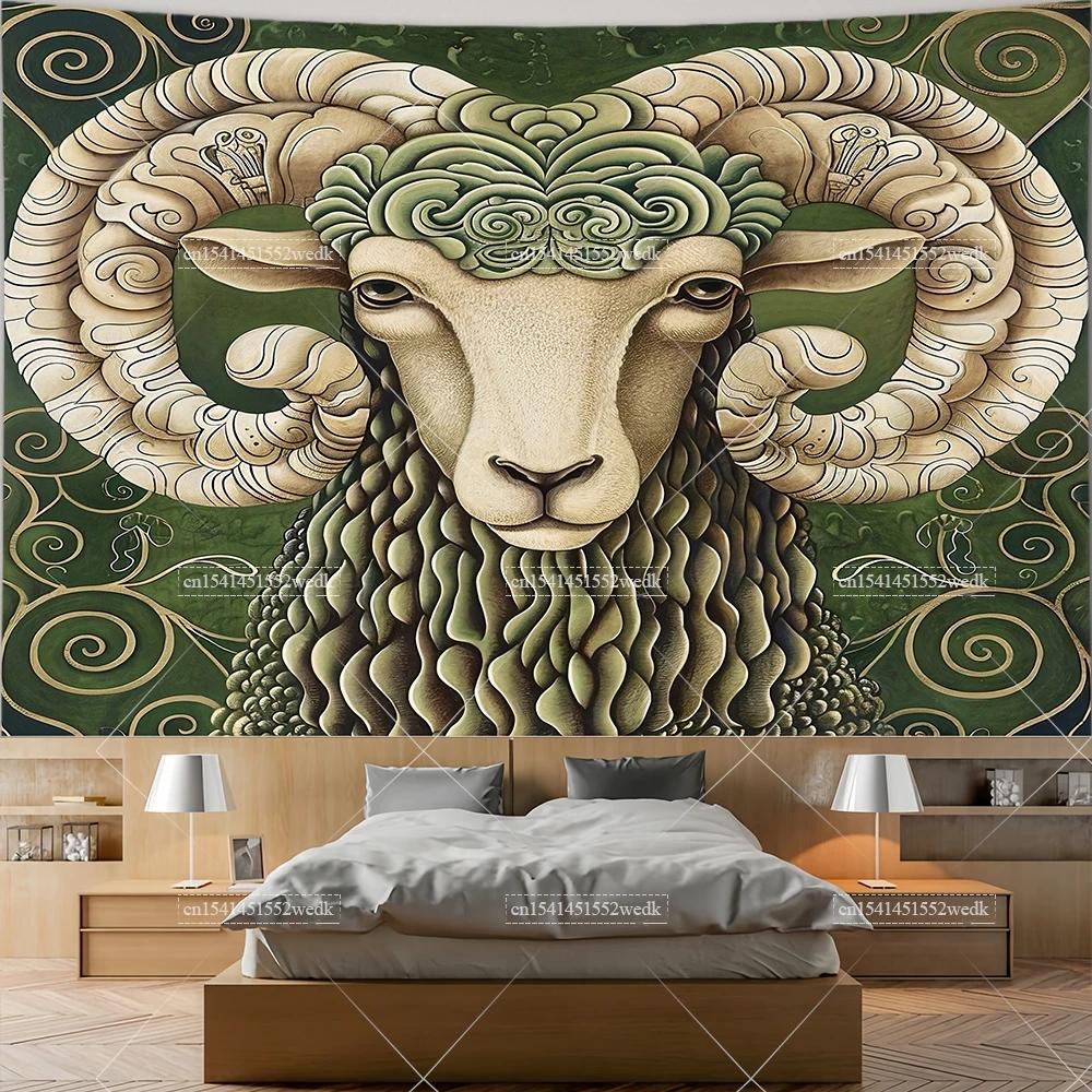 Sheep in Garden Tapestry Wall Hanging Animal Ram Sheep Deer Tapestry Aesthetic Room Decor Wallpapers For Bedroom Paintings