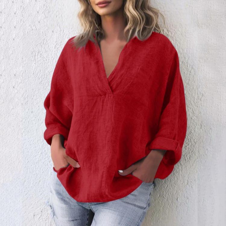 Fashion Women Long Sleeve Pullover Top V Neck Casual Cotton Linen