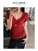 Dopamine Red V-Neck Straight-Shoulder Slim Women’s T-Shirt - Summer 2025: Sweet & Spicy Style