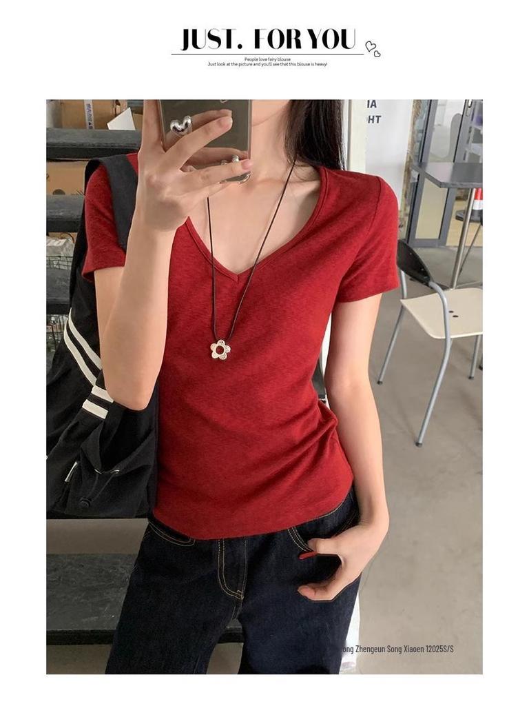 Dopamine Red V-Neck Straight-Shoulder Slim Women’s T-Shirt - Summer 2025: Sweet & Spicy Style
