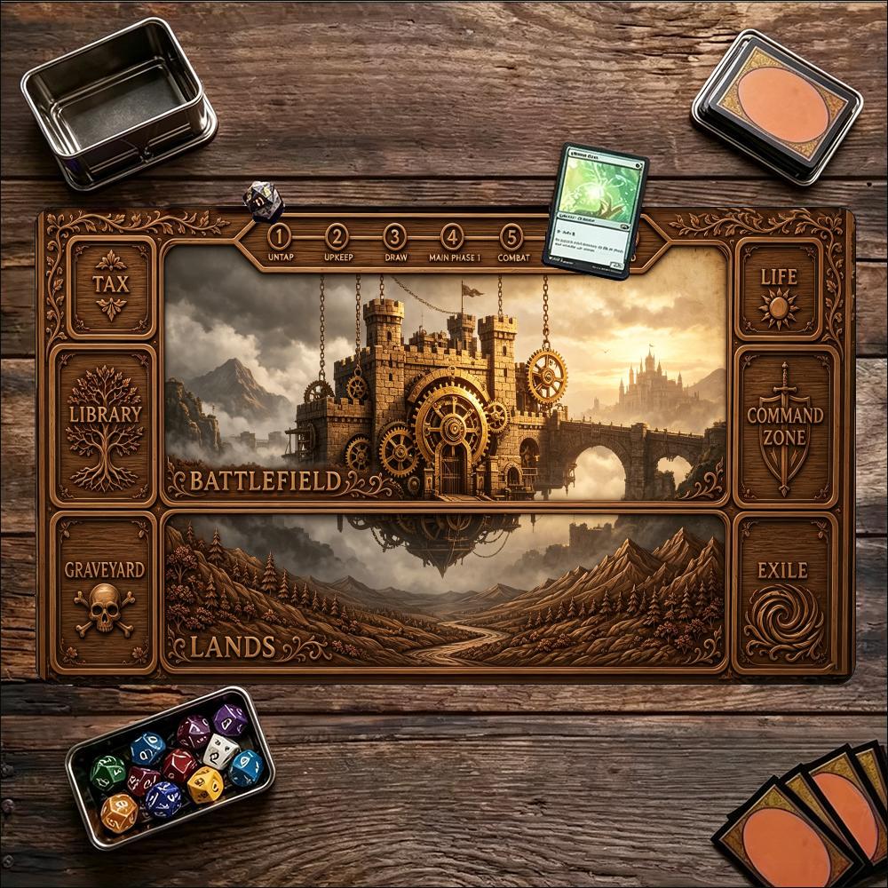 Vintage Carved Floating Castle Large Game Mat NonSlip Rubber Playmat Antique Wood Relief Art For Trading Card Tabletop Gaming
