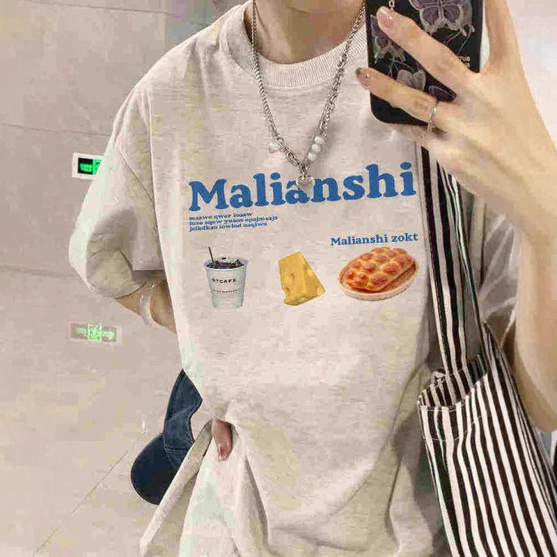 

Plus-Size Pure Cotton American Retro Cheese-Themed Oversized Short-Sleeve T-Shirt for Men and Women, Designer Niche Trendy Brand Gray Top Flower Gray M [Recommendation 40-50kg]