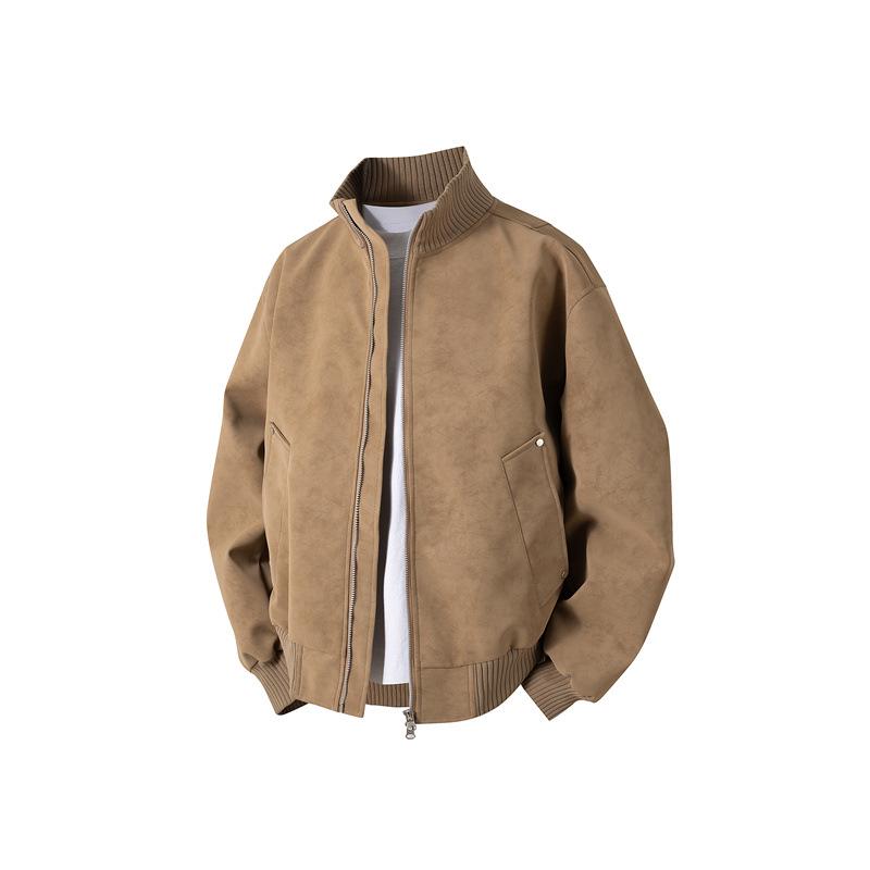 

American Stand Collar PU Leather Jacket - Versatile Retro Spring/Autumn Wear, Loose Fit, Velvet Lined, Stylish & Durable. S
