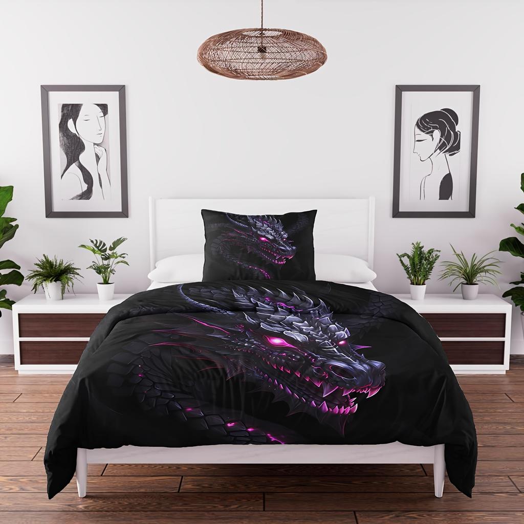 2/3pcs 3D Dragon Printed Down Duvet Cover Set, Ancient Wild Animal Dragon Pattern Bedding Set, Suitable for Bedroom