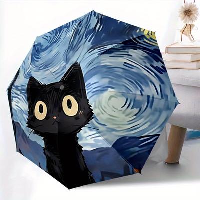 1pc Starry Night Cat Automatic Open 8-Rib Windproof Umbrella, Travel & Commuting, Suitable for All Seasons