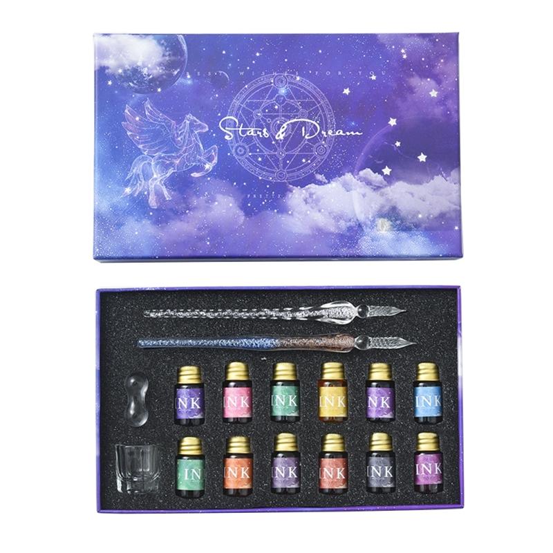 Verloopglazen Dip pennen met Inkt Cadeauset met 12 Goudpoeder Inkten Reinigingsbeker Pennenhouder voor Schrijver Kunstenaar Student Kind