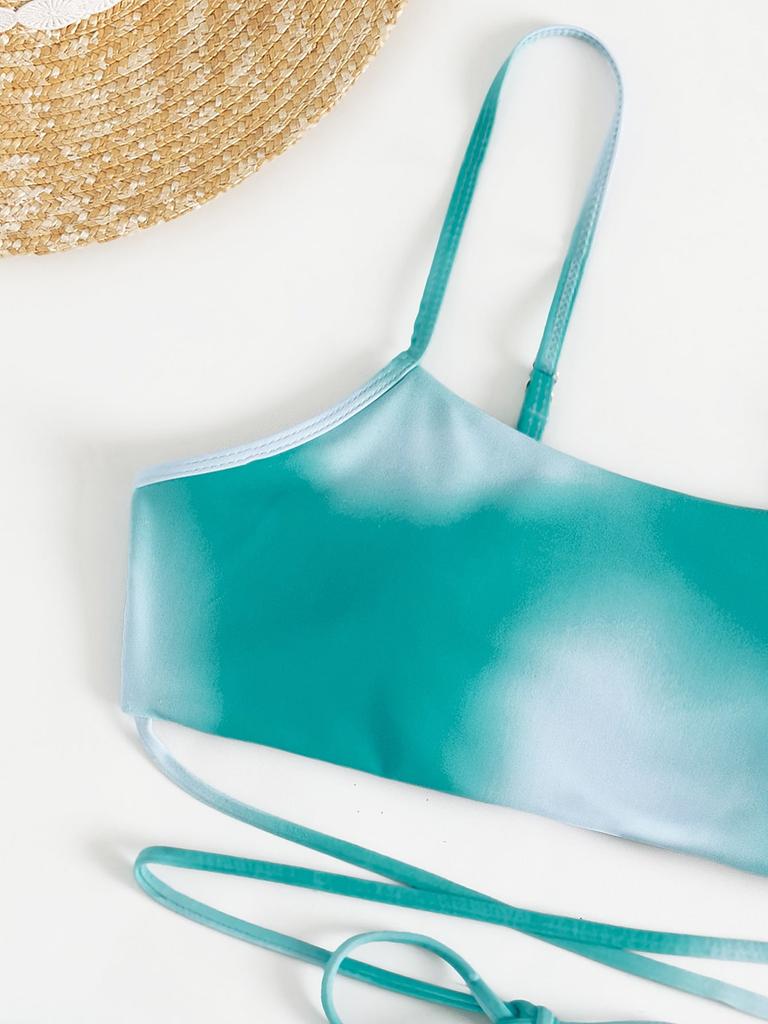 European and Americcan Women's Bikini Set 3 Pieces Tie Dye Swimwear Set Padded Bandage Top High Cut Brief Lace Up Cover-up Swimsuit Sexy Bathing Suit