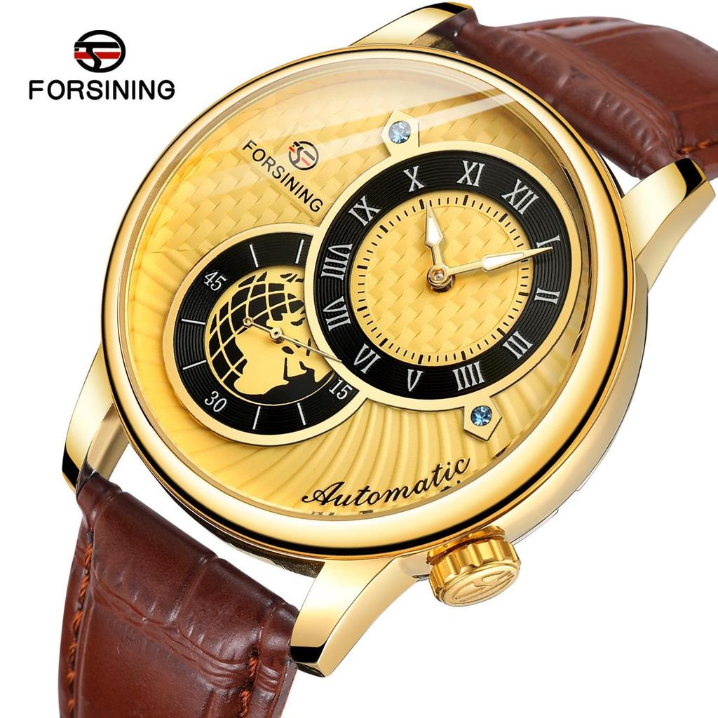 Forsining Men' S Mechanical Watch Fashion Double Dial Automatic Winding Men Wristwatches Sport Genuine Leather Clock For Man