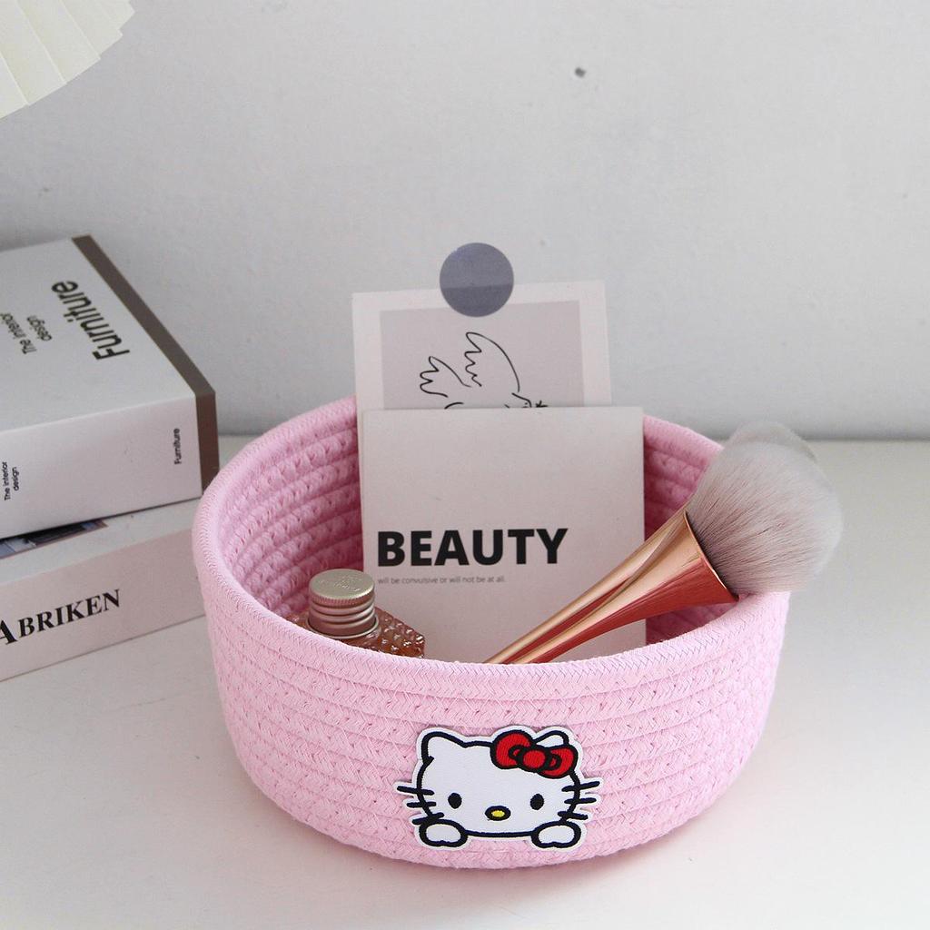 Pink Cat Cotton Rope Woven Desktop Storage Basket