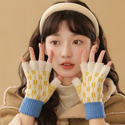Winter Knitted Gloves Women's Color Matching Half-finger Gloves Female Student Thermal Gloves Men's Versatile Bare-finger Gloves Women