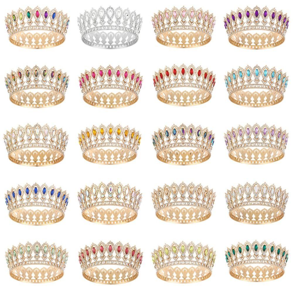 Round Princess Queen Tiara European Crystal Full Crown Metal Bridal Wedding Crowns  Birthday Party