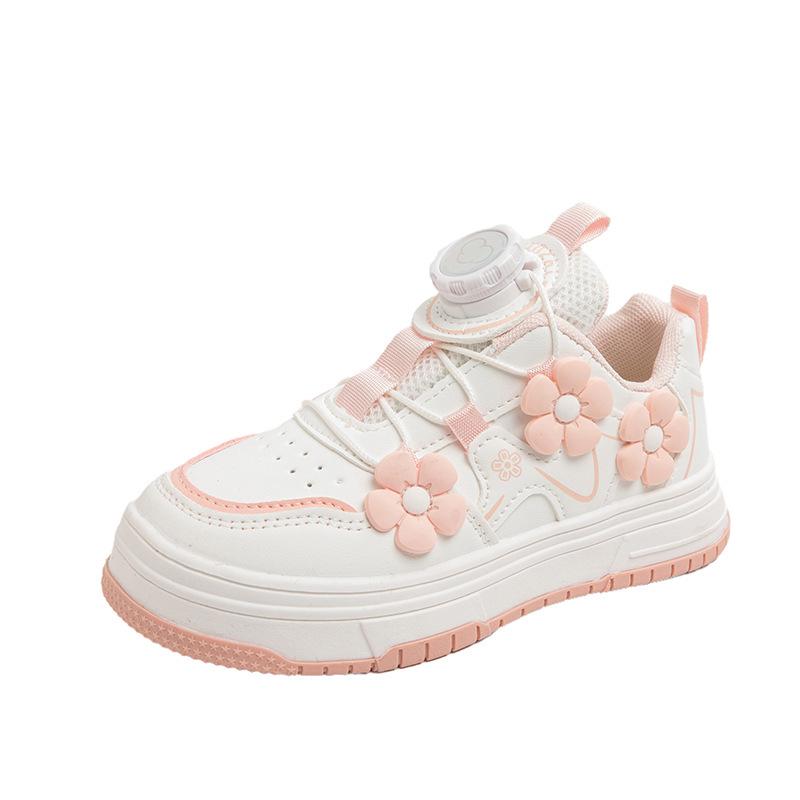 2026 Spring Floral Girls' Skate Shoes with Rotating Button - Fashionable White Sports Sneakers
