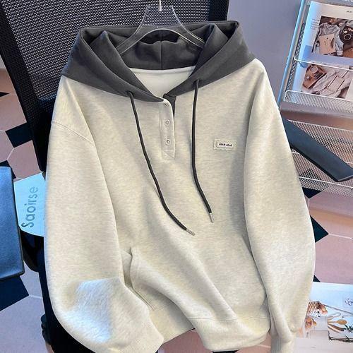 Autumn and winter Korean version lazy loose and thin single-breasted design sense contrasting color hooded sweater long-sleeved top